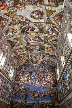 Sistine Chapel ceiling by Michelangelo, depicting biblical scenes with intricate detail.