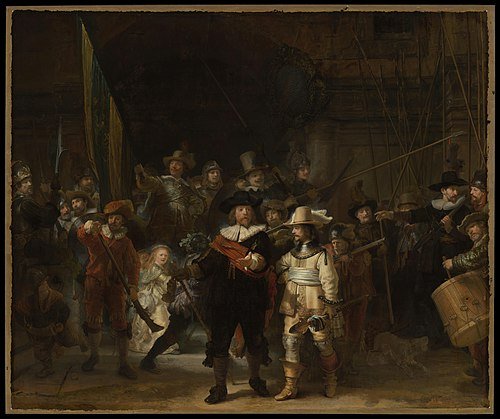 The Night Watch painting by Rembrandt, illustrating the use of dramatic lighting in Dutch art.