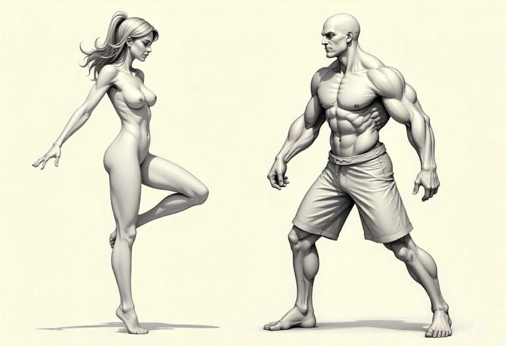 Figure drawing sketches showing S-curve and C-curve lines of action