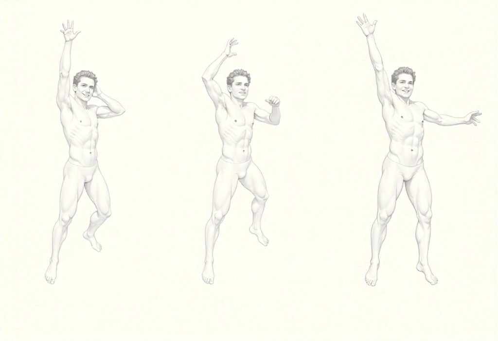 Step-by-step drawing process of a human figure jumping, showing gesture to structure